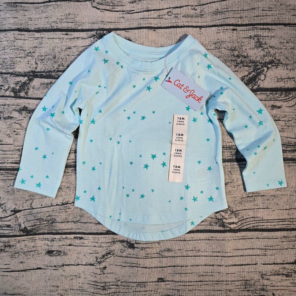 NWT Cat & Jack Girls Long Sleeve T-Shirt Size 18 Months Aqua Blue Stars Print